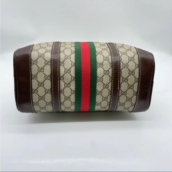 Auth Gucci GG Supreme Sherry Line PVC x Leather Brown Mini Boston Bag - Picture 4 of 13